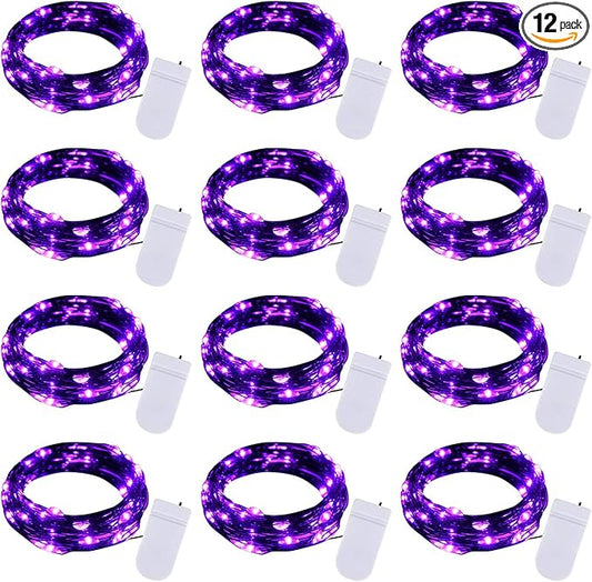 Halloween Purple Fairy String Lights: 12 Pack 7 Ft 20 LED Battery Operated Firefly Lights on Black Wire Starry Moon Lights for DIY Party Bedroom Patio