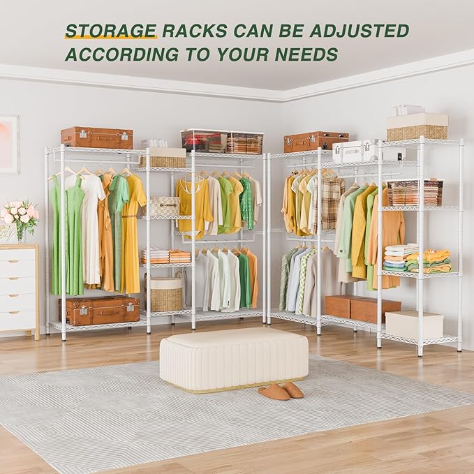 LEHOM G6 Wire Garment Rack Heavy Duty Clothes Rack Compact Large Size Armoire Storage Rack Freestanding Metal Clothing Rack Closet Wardrobe with 3 Hanger Rod and 4 Large Shelves 4 Small Shelves, White