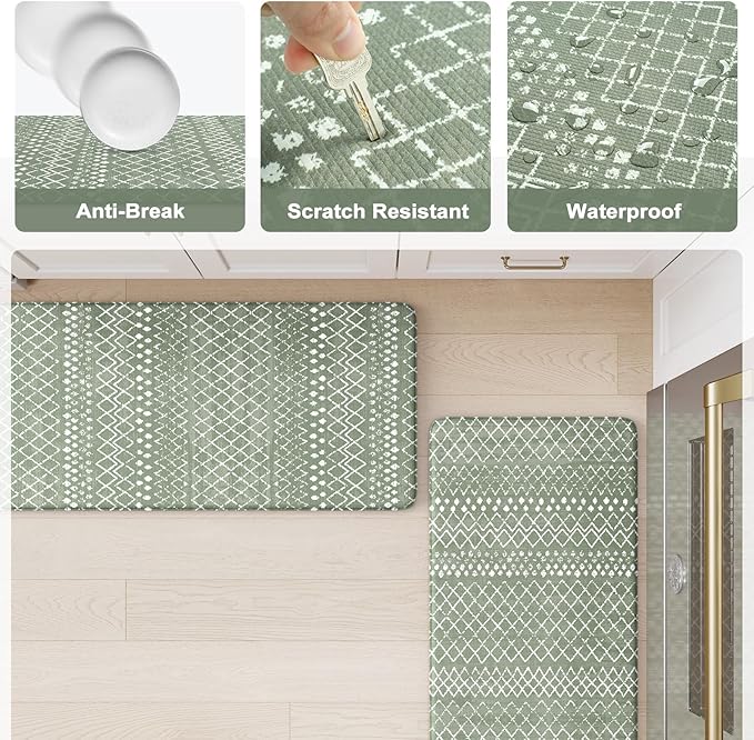 KIMODE Kitchen Mats for Floor Anti Fatigue, Green Boho Kitchen Rugs Sets of 2, Cushioned Kitchen Floor Mats, Comfort Standing Mat for Sink Laundry Office Desk 17"x47"+17"x29"