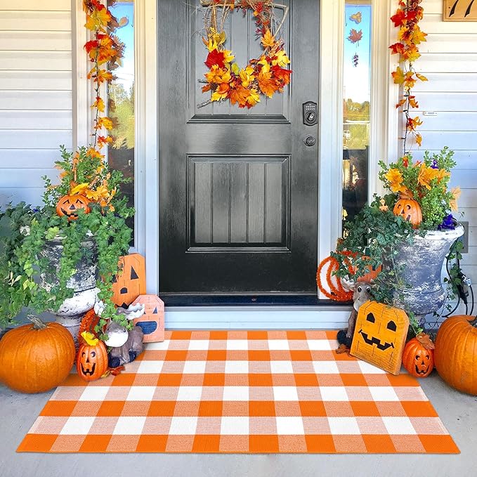 KOZYFLY Buffalo Plaid Rug 3x5 Ft Orange and White Checke Orange Rug Halloween Fall Door Mat Woven Cotton Washable Area Rugs Door Mat Outdoor Entrance for Front Porch Entryway Fall Farmhouse