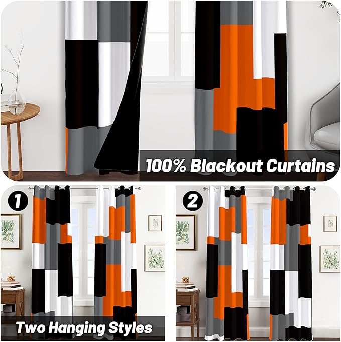 Orange 100% Blackout Curtains for Bedroom 84 inch Length 2 Panels Set Black Grey Modern Abstract Geometric Black Out Curtains Insulated Room Darkening Window Drapes for Living Room, 52Wx84L