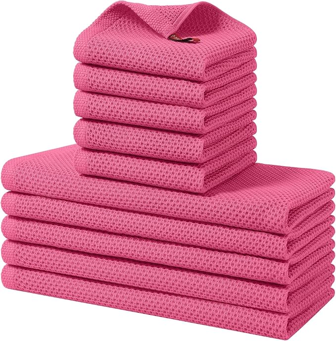 Homaxy 100% Cotton Kitchen Towels and Dishcloths Set, 12 x 12 Inches and 13 x 28 Inches, Set of 10 Bulk Kitchen Towels Set, Ultra Soft Absorbent Dish Cloths for Washing Dishes, Hot Pink