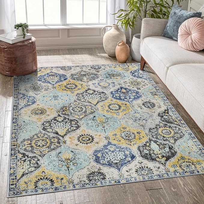 Lahome Moroccan Trellis Washable Area Rugs 5x7, 5x7 Area Rugs for Living Room Bedroom, Indoor Non-Slip Large Oriental Accent Throw Carpet for Kitchen Entryway Bathroom Office, Yellow/Aqua
