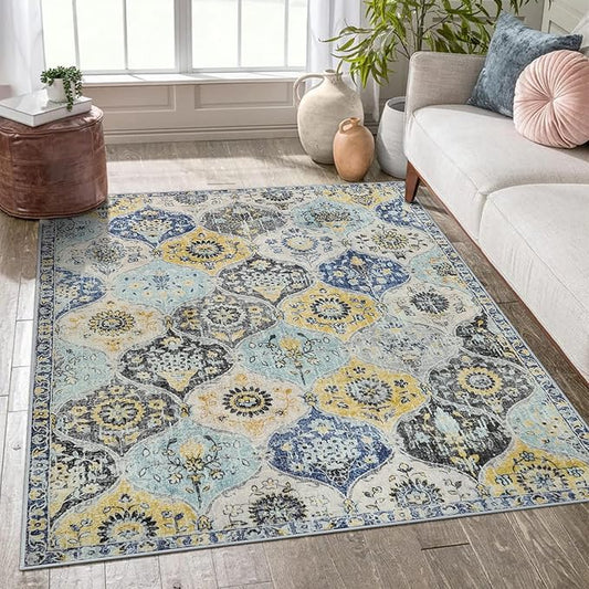 Lahome Moroccan Trellis Washable Area Rugs 5x7, 5x7 Area Rugs for Living Room Bedroom, Indoor Non-Slip Large Oriental Accent Throw Carpet for Kitchen Entryway Bathroom Office, Yellow/Aqua