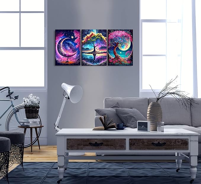 3PCS Tree of Life Wall Art Moon Canvas Poster Romantic Starry Night Pictures Fantasy Forest Paintings Tree Life Prints Visual Modern Abstract Wall Decor for Living Room Bedroom Framed