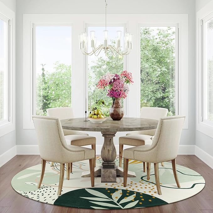 Lahome Green 8 Ft Round Rug - Washable Round Area Rug for Living Room Throw Soft Boho Round Rug Large Non-Slip Dining Room Rug, Botanical Print Round Carpet for Bedroom Office (Green,8'x8')