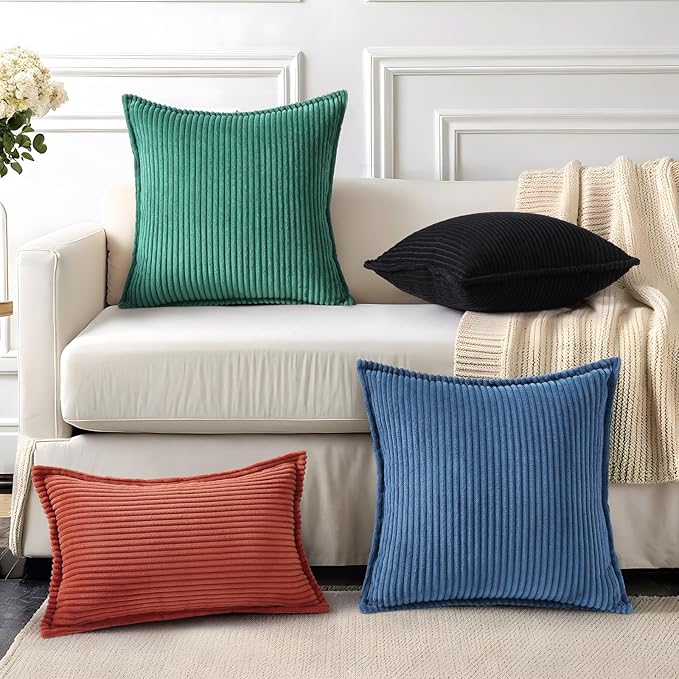 Mecatny Corduroy Throw Pillow Covers 24x24 Set of 2, Neutral Decorative Soft Boho Couch Pillow Covers with Broadside for Sofa Living Room, Navy