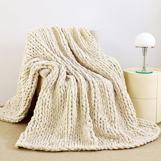 Admitrack Chunky Knit Blanket Throw, 100% Hand Knit Chenille Throw Blanket for Sofa & Home Decor, Soft and Cozy Knitted Throw Blankets (Ivory, 60""x80""), XNR09