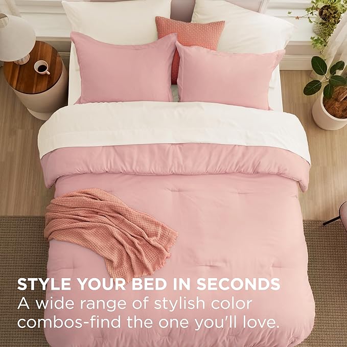 Bedsure Queen Comforter Set - 7 Pieces Pink Queen Bedding Set for All Seasons, Boho Contrasting Design Bed in a Bag with Comforter, Sheets, Pillowcases & Shams