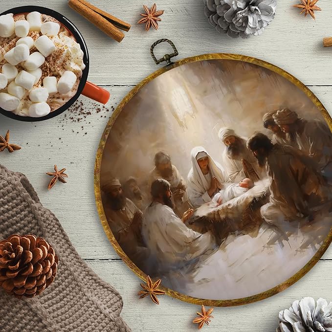 CUANFDDSF Christian Christmas Nativity Round Wall Art Decor, Vintage Jesus Nativity Wall Hanging Frame Decor, Religious Christmas Canvas Prints Decorations for Home Bedroom Church, 10x10 Inch