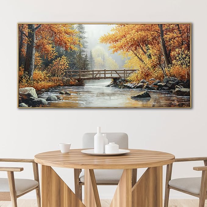 KLAKLA Large Canvas Wall Art - Rustic Landscape Burnt Orange Forest Tree Creek Print Picture Framed Artwork for Living Room Bedroom Office Wall Decor - 58x29 Inches