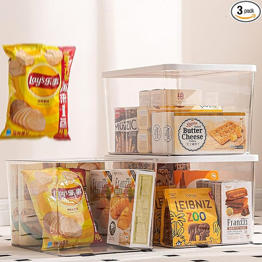 Clear plastic storage bins with LIDS-3packs,storage containers for snacks, cosmetics, books, dog food, Storage Organizer for Nursery，Kitchen, Living room,Bedroom, Bathroom, Office (Clear-White Lid)
