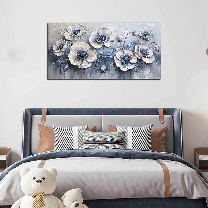 AOZEMI Flower Wall Decor for Bedroom White Canvas Wall Art Blue Wall Picture Artwork for Living Room Office 20" x 40"