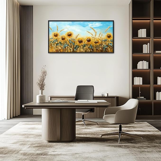 Olivine Large Wall Art, Sunflower Pictures Wall Decor, Sunflower Wheat Painting, Nature Landscape Canvas Prints, Framed Artwork for Living Room Bedroom Bathroom Office Home Decoration 60"x30"