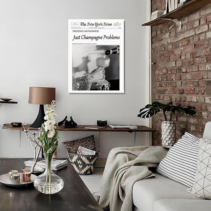 Champagne Problems Newspaper Framed Wall Art,Trendy Retro Black and White Wall Art for Bar Cart Bathroom Apartment Kitchen Dorm Dining Decor Funky Vintage Celebrate Poster for Home Wall Artwork 16x20