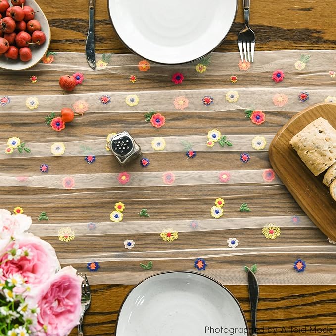 Artoid Mode Champagne Embroidery Daisy Gauze Table Runner 120 Inch 10FT, Seasonal Sheer Kitchen Dining Holiday Wedding Birthday Table Decor for Home Party