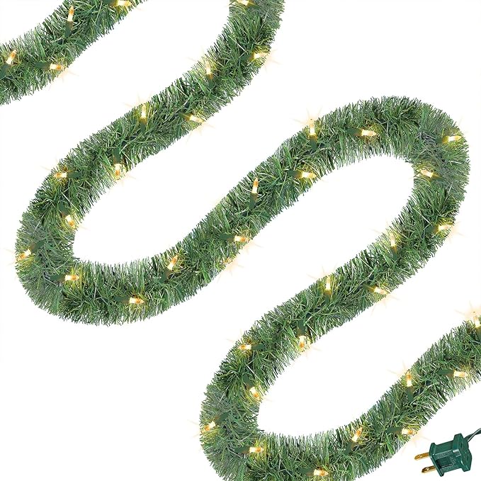 WATERGLIDE 49FT Lighted Christmas Green Garland with 100 Count Clear String Lights, Pre-lit Long Artificial Greenery Garlands, Plug in Holiday Decorative Lights for Indoor Outdoor Decor