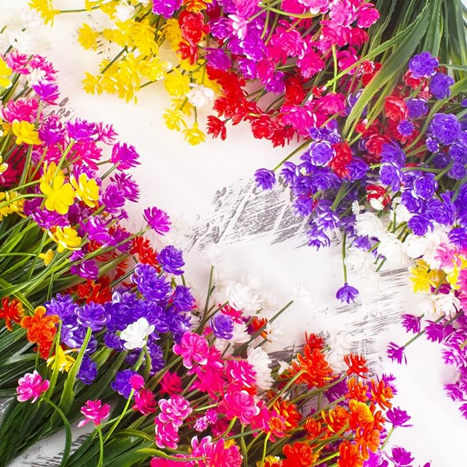 Artificial Flowers Outdoor UV Resistant Fake Plants Indoor Outside Hanging Planter Home Garden Decor, 10 Bundles (Pink)