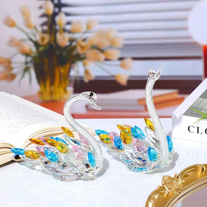 Ornalrist Set of 2 Crystal Colorful Swans Wedding Anniversary Romantic Gifts for Women, Parents - Mother's Day, Birthday Presents for Mom, Couple Swan Figurines Collectibles Home Decor