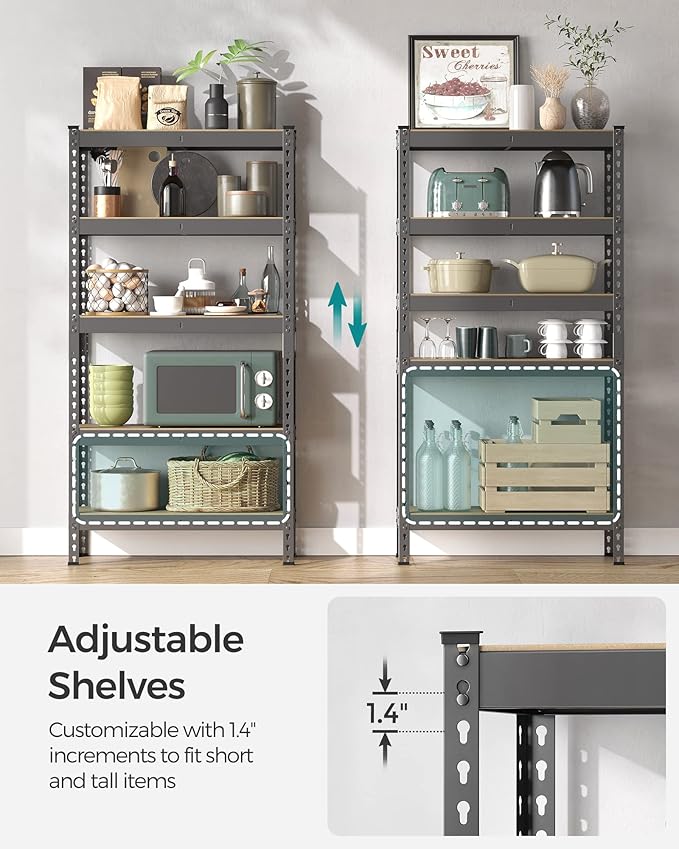 SONGMICS 5-Tier Storage Shelves, Load 2310 lb, Garage Storage, Boltless Assembly, Adjustable Shelving Unit, 11.8 x 29.5 x 59.1 Inches, for Study Shed Basement, Gray and Natural Beige UGLR300G01