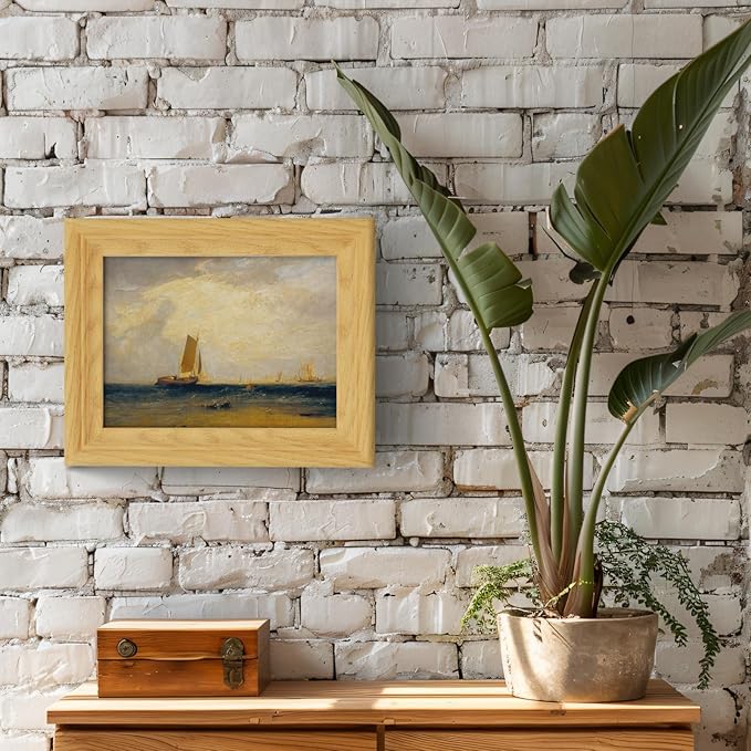Brivoria Framed Canvas Wall Art Vintage Decor, Romantic Coastal Scene with Sailing Ship Golden Sky Tidal Water and Shore Birds for Bathroom Entryway Bookshelf or Tabletop Display, 8"x10"