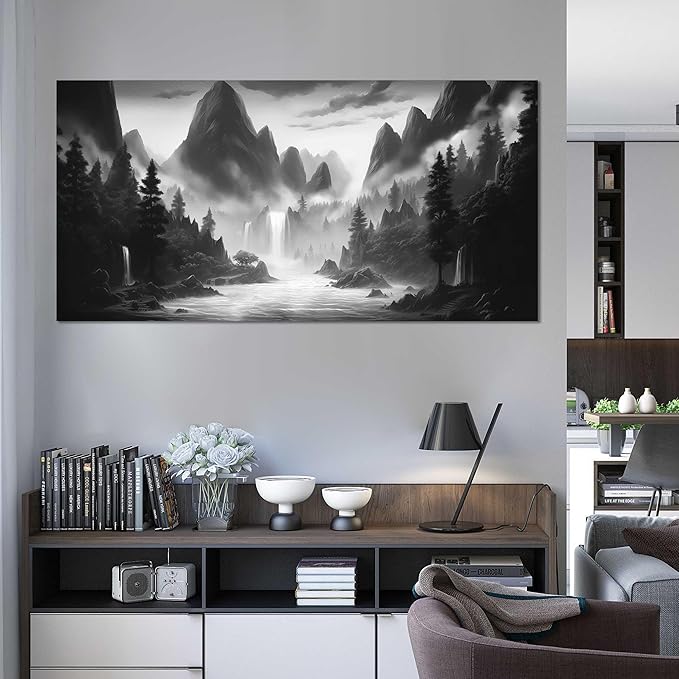 Mountain Pictures for Living Room Black and White Canvas Wall Art for Office Forest Wall Decor for Bedroom Size 29" x 58"