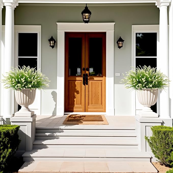 Artificial Faux Plants Flowers for Outdoor Decorations, Fake Monkey Grass for Outside Porch Patio, No Fade Realistic Greenery Plant, UV Resistant Artificial Shrubs for Courtyard Window Garden