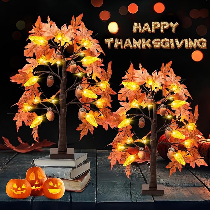 Fall Tree with Lights Thanksgiving Decorations: 2 Pack 2 FT Artificial Trees with 96 Maple Leaves 48 LED Light and Pumpkin Acorns Pinecone Battery Operated Outdoor Indoor Home Table Room Autumn Decor