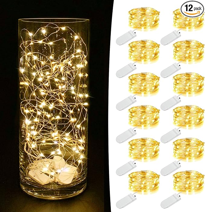 MUMUXI 12 Pack 7.2ft Fairy Lights Battery Operated String Lights, 20 Mini Battery Powered LEDs for Centerpiece Table Decorations, Wedding Party Mason Jar Christmas, Silver Wire Warm White