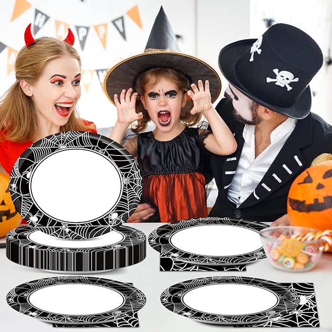 Halloween Party Oval Paper Plates 11inch Large Spider Web Paper Plate and Napkin, Dish Tray Halloween Party Decoration Supplies for Birthday Get Together Celebration Tableware, 25 Guest