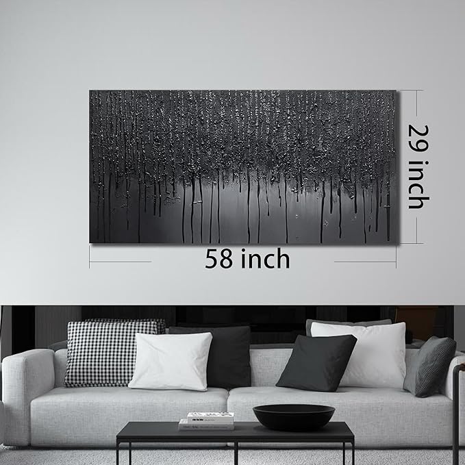 Black Hand Painted Wall Art for Office Abstract Wall Decor for Living Room Big Wall Art for Bedroom Men Size 29 x 58 Inch