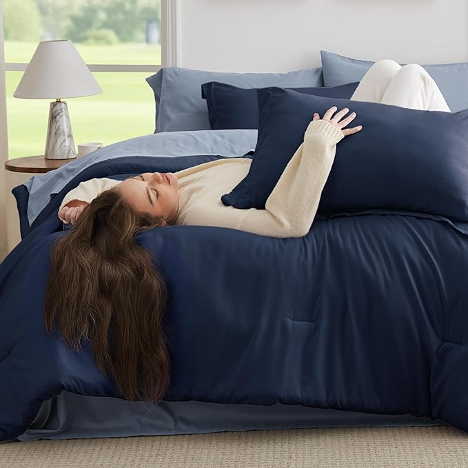 Bedsure Queen Comforter Set - 7 Pieces Navy Queen Bedding Set for All Seasons, Boho Contrasting Design Bed in a Bag with Comforter, Sheets, Pillowcases & Shams