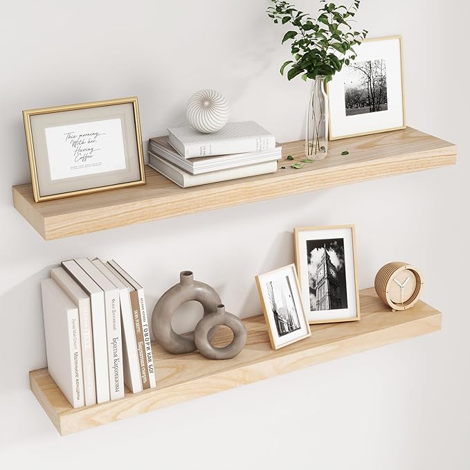 Fuqing Natural Floating Shelves, 36 Inch Set of 2, Raw Wood for Living Room & Home Office