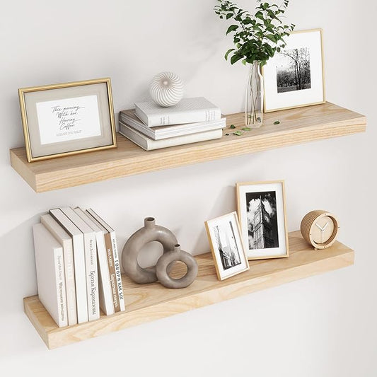 Fuqing Natural Floating Shelves, 36 Inch Set of 2, Raw Wood for Living Room & Home Office