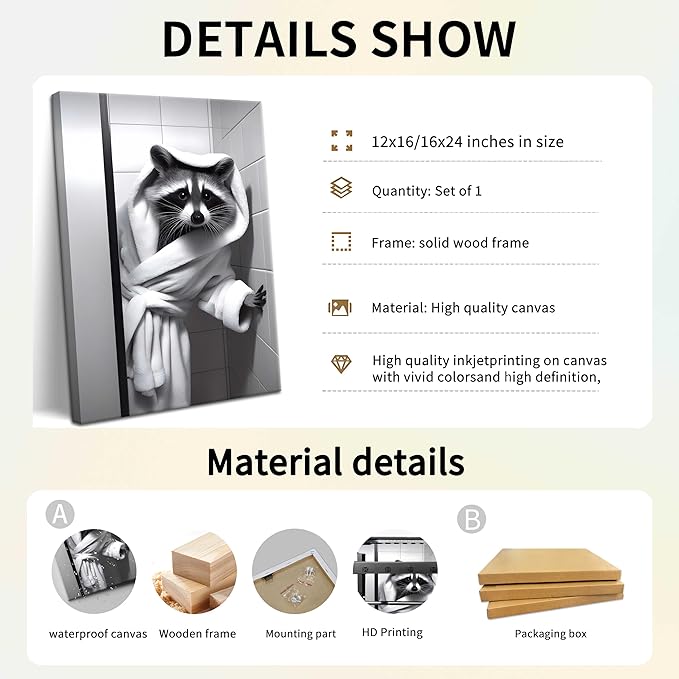 Funny Bathroom Wall Art, Black and White Raccoon Canvas Wall Decor, Adorable Humor Bathroom Animal Decor Picture Paintings Prints, Cute Restroom Toilet Signs 16x24 inch Framed