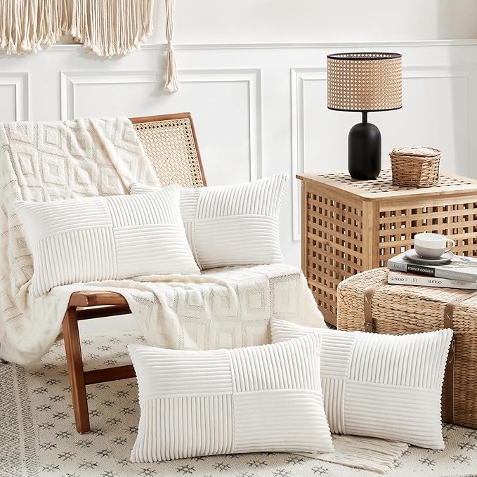 Fancy Homi 4 Packs Cream White Lumbar Decorative Throw Pillow Covers 12x20 Inch for Couch Bed Sofa, Rustic Farmhouse Boho Home Decor, Soft Striped Corduroy Rectangle Accent Cushion Case 30x50 cm