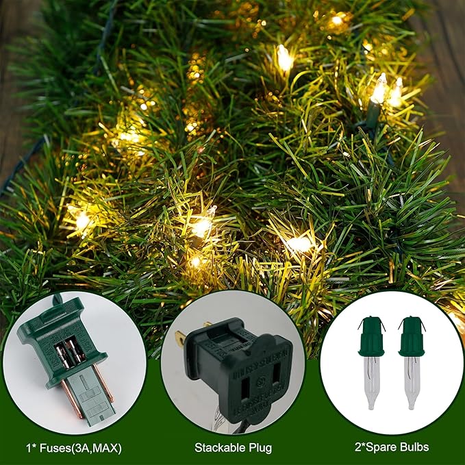 Biswing 50FT Pre-lit Christmas Green Garland, Lighted Artificial Pine Garlands with 100 Count Clear Incandescent Mini Lights, Light Up for Indoor Outdoor Gate Home Winter Holiday New Year Decorations