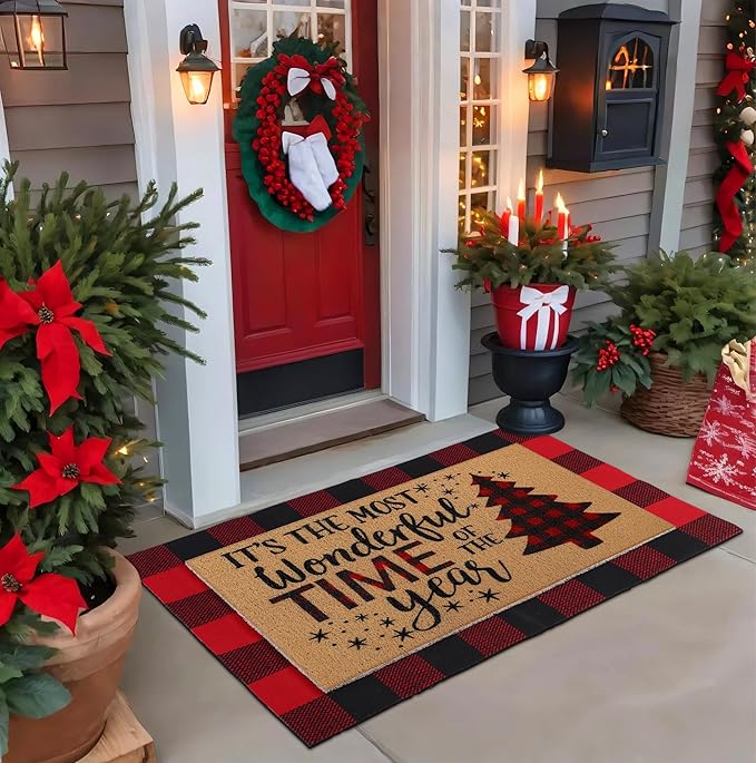 2 Pcs Christmas Tree Door Mat Welcome Non Slip Coir Mats Merry Xmas Black Red Buffalo Plaid Floor Layering Doormats Seasonal for Front Porch Entryway Decor(Christmas Tree)