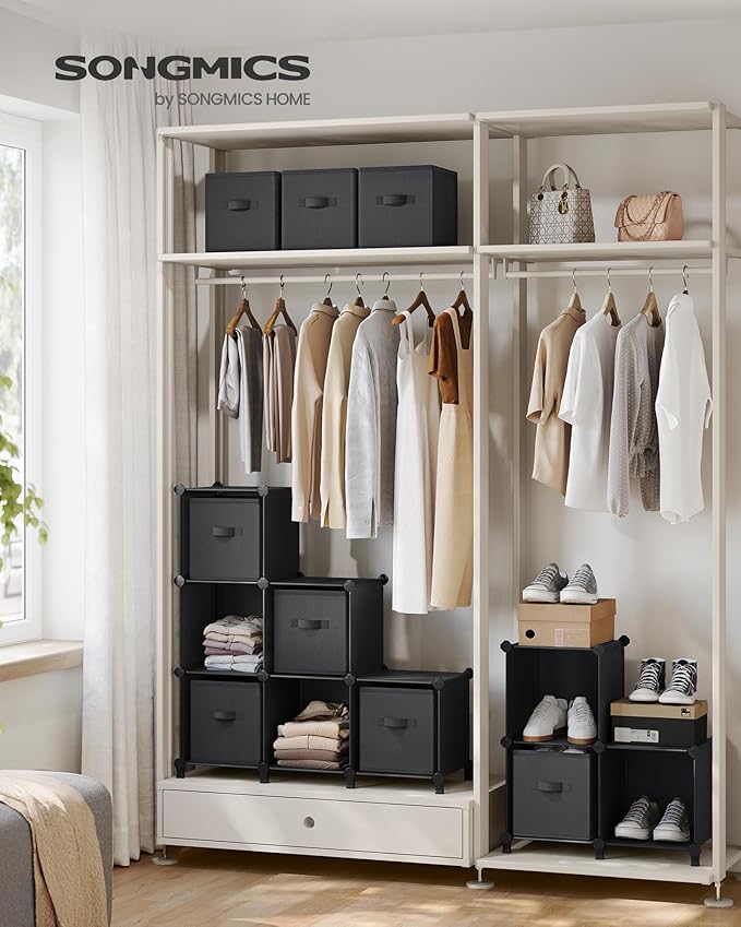 SONGMICS Cube Storage Organizer with Storage Boxes, Set of 9-Cube Organizer, 9 Collapsible Non-Woven Fabric Bins, Customizable, Space-Saving, Bedroom, Ink Black and Dove Gray ULPC092B01