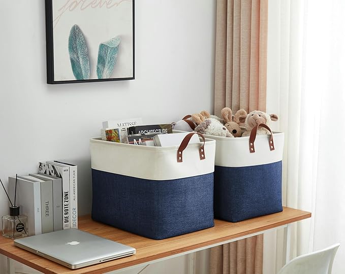 DECOMOMO Fabric Storage Basket Large Closet Storage Bins for Toys Nursery & Laundry Storage (Navy Blue & White, XXL - 3 Pack)