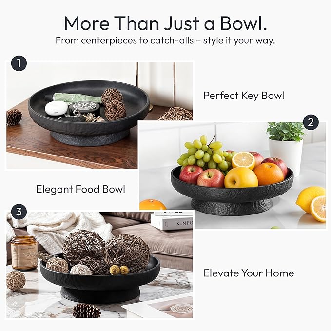 Granite Inspired Matte Black Fruit Bowl | Wide, Shallow Textured Pedestal Bowl | 11 Inch Unique Centerpiece for Table or Decor for Entryway Table
