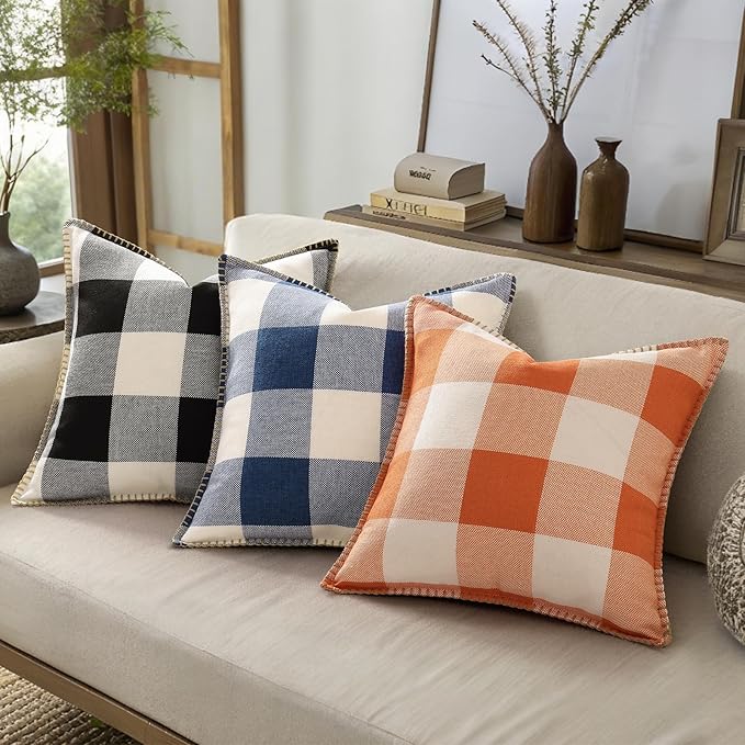 decorUhome Farmhouse Gingham Buffalo Plaid Check Throw Pillow Covers 22x22 Set of 2, Outdoor Fall Linen Decorative Pillow Covers with Stitched Edge for Bed Couch Sofa, Orange and White