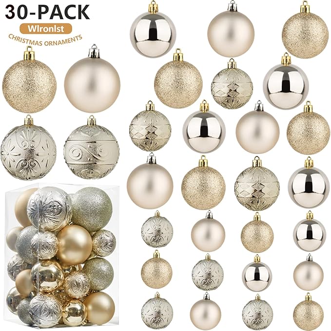 Wironlst Christmas Ball Ornaments - 30pcs Shatterproof Plastic Christmas Ornaments Hanging Ball Decorations for Xmas Tree, Holiday, Wedding, Party (Multi-Size, Champagne)