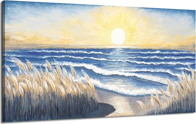 Ocean Canvas Wall Art for Living Room Seaside Sunset over the Beaches Coastal Reeds Blue Sea Waves Calm Seascape Painting Seashore Nature Landscape Artwork for Home Bedroom Office Decor 48x24inch