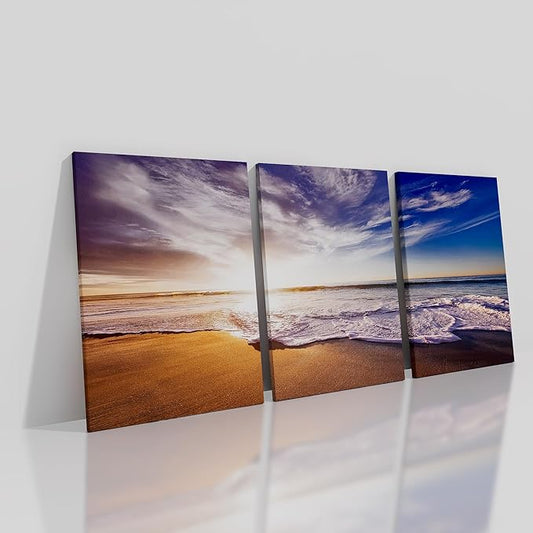 Nature Landscape Canvas Wall Art Beach Gold Sunset HD Picture Print Ocean Theme 3 Pieces Posters Painting Wall Decor Artwork for Modern Home Bedroom Bathroom Kitchen Ready to Hang [36''W x 16''H]