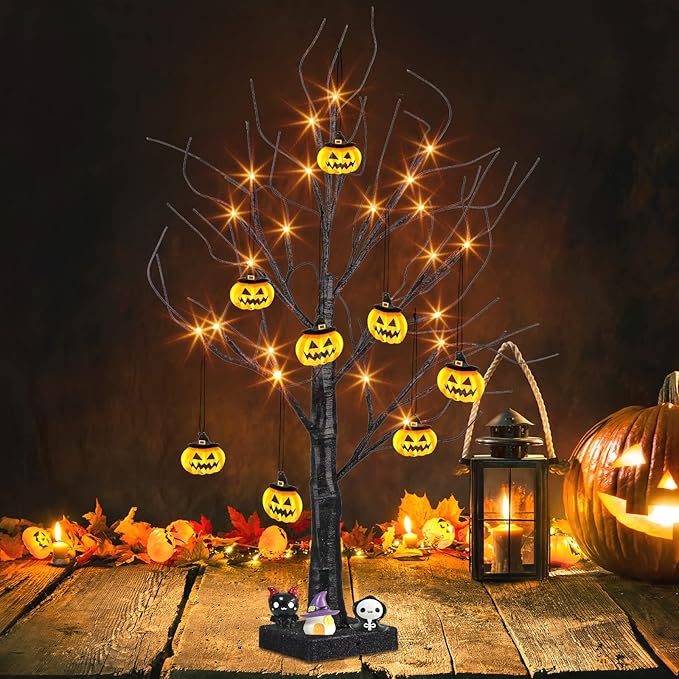 PEIDUO Halloween Indoor Decor, 2FT Halloween Tree with 24 Orange Lights and 8 Pumpkin Ornaments, Light up Halloween Decorations Black Tree with Timer for Indoor Home Desk Table Decor Battery Powered