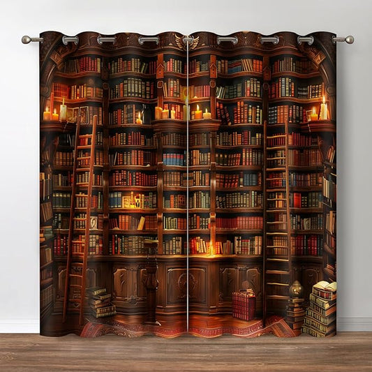 Jekeno Vintage Bookshelf Blackout Curtains Library Books Bookcase Ladder Candle Decor Shading Drapes for Bedroom Study Classroom Living Room Darkening Grommet Window Drapes 2 Panel Set, 52"x63"