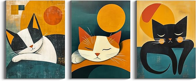 NAN Wind 3PCS 16L x 12W Cat Wall Art Canvas Print Sleeping Cat Tabby Mid Century Modern Geometric Animal Decor Minimalist Teal and Orange Retro Style Artwork for Bedroom Living Room Pet Lovers