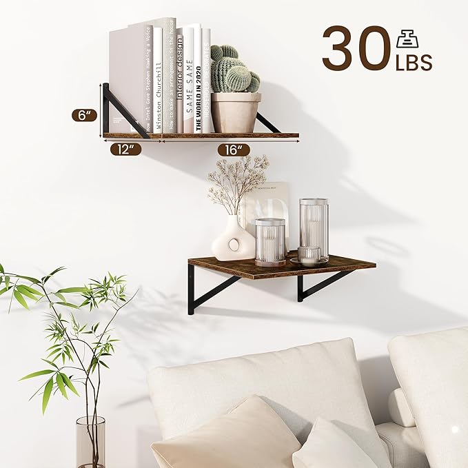 Fun Memories Floating Shelves for Wall, 12 Inch Deep Floating Shelves Set of 2, 16W x 12D Large Wall Shelf with Sturdy Metal Brackets for Living Room, Bathroom, Bedroom and Kitchen, Rustic Brown