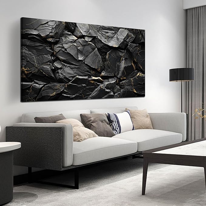 Black Stone with Golden Vein Canvas Wall Art for Living Room, Smooth Flat Rock Picture Wall-Decor for Bedroom, Canvas Printed Artwork Decoration for Office, Large Size 59x29 Inches (Not 3D or Textured)